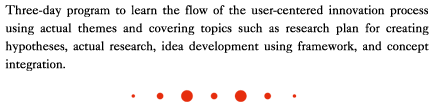 Three-day program to learn the flow of the user-centered innovation process using actual themes and covering topics such as research plan for creating hypotheses, actual research, idea development using framework, and concept integration.